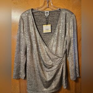 Anne Klein Shimmering Silver V-Neck Blouse
